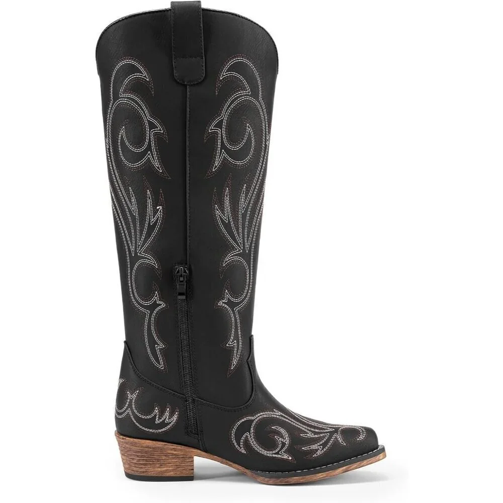 Womens Faux Leather Black Knee High Chunky Heel Side Zipper Embroidered Boots